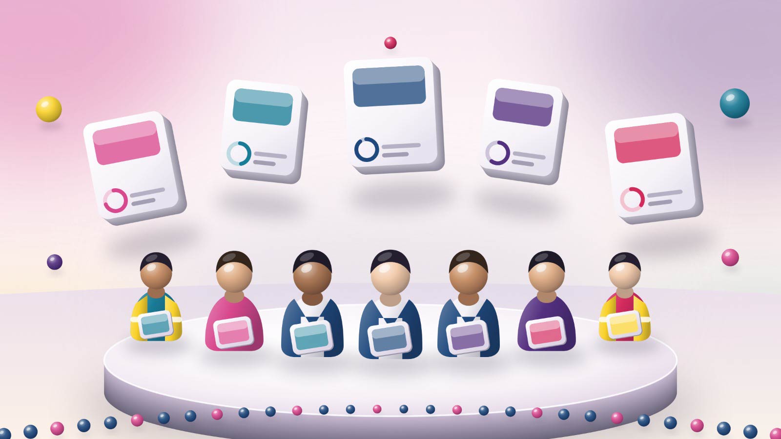Illustration of colleagues from one organisation, senior managers in the centre and operations and support staff on either side, all holding tablets showing the same courses, connected by a dotted line.